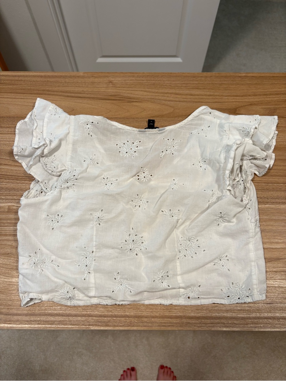 Express Cream Eyelet Button-Front Flutter Sleeve Top - Picture 2 of 4